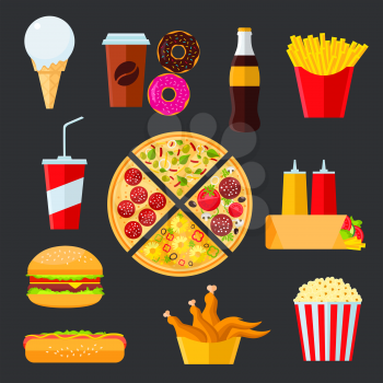 Pizza composed of different slices with vegetarian and meat toppings, surrounded byhamburger and hot dog, french fries and soda drink, coffee and fried chicken, popcorn and donuts, ice cream cone, tor
