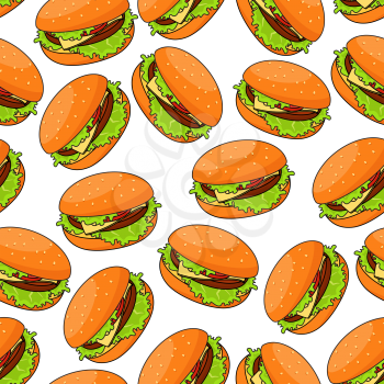 Seamless pattern of cheeseburgers served with fresh crunchy lettuce and juicy beef patty, swiss cheese and sliced tomato on wheat bun randomly scattered over white background. Fast food or kitchen int