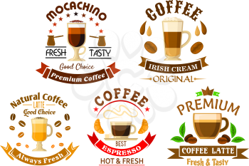 Premium natural espresso coffee, mochaccino, latte and irish cream coffee symbols for coffee shop or coffee house design, framed by ribbon banner, coffee beans and leaves, pots, croissants, stars and 