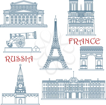 Travel landmarks of Russia and France with Eiffel Tower and Notre Dame Cathedral, Red Square and Kremlin wall with clock tower, Arc de Triumph, Big Theater, Winter Palace and Big Cannon. Thin line sty