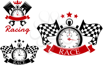 Motorsport and racing icons design with stopwatches and checkered flags on both sides or crossed pistons on background adorned by stars, crown and ribbon banners