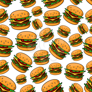 Seamless pattern with tasty fast food cheeseburgers on wheat bread rolls, topped with grilled patties of ground beef, tomatoes, lettuce and slices of cheddar cheese. Fast food theme