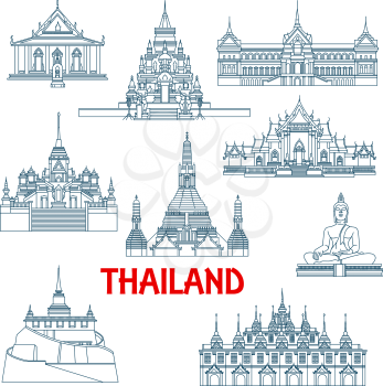 Architecture travel landmarks in thin line style of Thailand with Grant Palace and Big Buddha temple, White and Marble temples, Wat Saket temple and Laem Sor pagoda, Wat Sattahip, temple of dawn and t