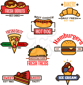 Fast food and bakery design elements with colorful thin line icons of cheeseburger, pizza, corn taco, hot dog, cake, donut, croissant and ice cream, supplemented by plain banners
