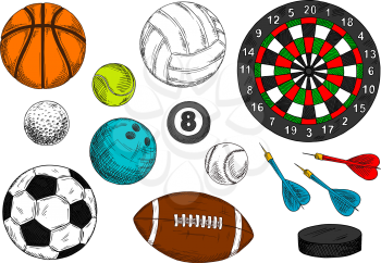 Colorful sketch drawings of sporting items with balls for football or soccer, volleyball, baseball, golf, tennis, american football or rugby, basketball, bowling and billiards, ice hockey puck and dar
