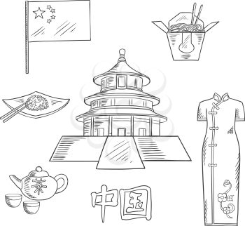 Ancient chinese Temple of Heaven sketch symbol for culture of China and travel concept with national flag, ceremony tea set, rice with chopsticks, takeaway box of noodles and traditional cheongsam dre