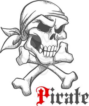 Pirate captain skull with crossbones vintage sketch illustration with angry human skeleton head in bandana. Use as jolly roger, piracy symbol or tattoo design