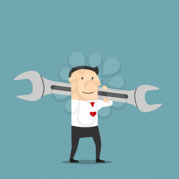 Happy cartoon businessman is carrying a huge wrench on shoulder. Use as crisis management, problem solution or creating new project concept design