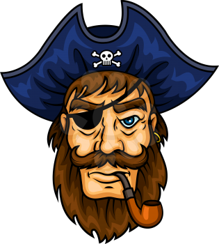 Bearded cartoon pirate captain character smoking pipe wearing eye patch and blue hat with jolly roger symbol. May be used for piracy mascot or marine adventure design