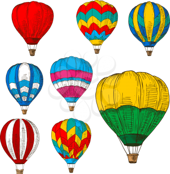 Retro sketched flying hot air balloons with wicker baskets and colorful envelopes, adorned by striped geometric ornaments. Great for romantic weekend, air travel and tourism design usage