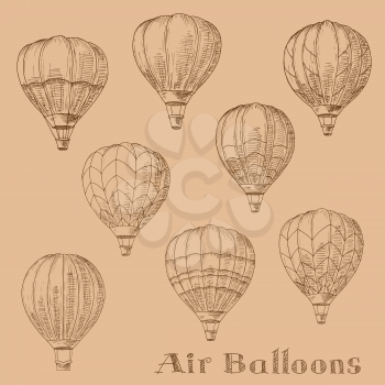 Retro sketches of hot air balloons flying in the sky. Engraving sketch drawings for romantic hobby, tourism, transportation theme design