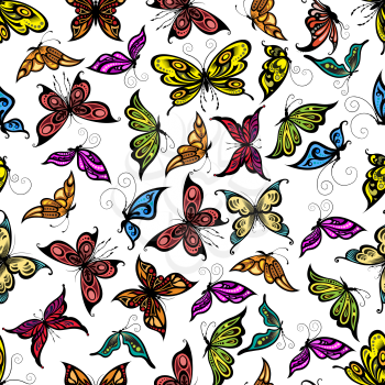 Colorful seamless flying butterflies pattern with open and close wings, adorned by openwork ornament on white background. Great for wallpaper, interior textile or nature backdrop design usage