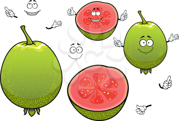 Freshly harvested mexican green guava fruits cartoon characters with whole and halved tropical fruits with happy smiling faces. Nice in vegetarian menu, recipe book, kitchen accessories and healthy fo