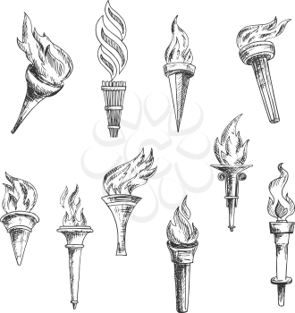 Ancient wooden torches vintage engraving sketches with ornamental swirls of burning flame. May be used as sport, religion, history or lightning equipment theme design