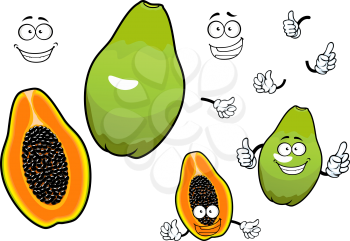 Whole and halved mexican tropical papaya fruit cartoon characters with joyful smiling faces. Great for recipe book, vegetarian menu, kitchen interior accessories design