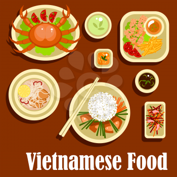 Fresh and healthy dishes of vietnamese cuisine with flat icons of grilled meat with rice, lemongrass and carrot sticks, crab, shrimp salad, rice noodles with deep fried fish, fried shrimps with sesame