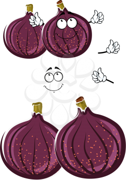 Luscious fresh cartoon deep violet common fig fruits with cute smiling face. Sweet exotic fruit character for vegetarian dessert, agriculture harvest or recipe book design