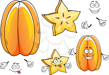 Bright yellow ribbed fruit and juicy star shaped slice of exotic carambola fruit cartoon characters with funny smiling faces. May be used as tropical cocktail recipe and vegetarian dessert design