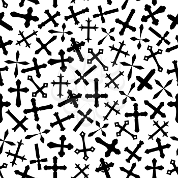 Black and white seamless crucifixes pattern for christianity religion or church theme design usage with decorative silhouettes of medieval victorian and celtic crosses