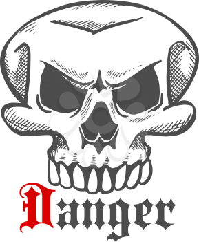 Spooky Halloween ghost or monster engraving stylized sketch with angry old skull and gothic caption Danger. May be use as tattoo or mascot design