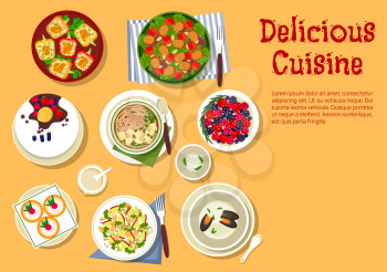 Delicious cuisine flat symbol with top view of festive dinner with vegetable salad with spicy pork, tofu pasta, creamy mussel soup, broccoli and apple salad with nuts, stuffed bell peppers, cake with 