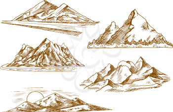 Beautiful mountain landscapes engraving sketch icons with scenic sunset over hills, danger mountain road, mountain valley with flashy river and forest, snowy summits of rocky ridge. Nature and tourism