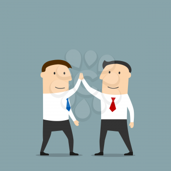 Excited cartoon business partners are doing a high five, congratulating each other with successful deal. Use as partnership, team work, goal achievement, celebration concept design
