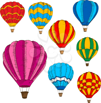 Modern hot air balloons engraving sketches for travel, tourism and night glow festival design usage with bright colorful balloons hovering in the air