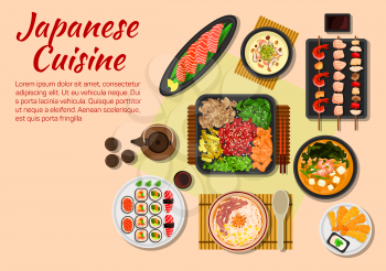 Japanese stylized grilled beef yakiniku flat icon served with fresh vegetables and herbs, salmon sashimi, sushi plate, fried shrimps with sesame seeds, yakitori skewers, miso shiitake cream soup with 