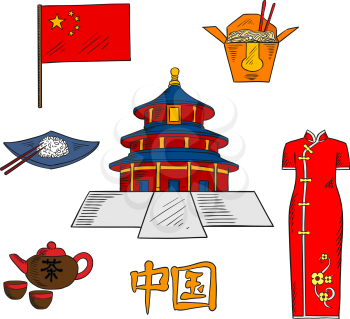 Culture traditions, cuisine and tourist attractions of China with colored sketches of national flag of China, tea set, rice and noodles dishes with chopsticks, ancient temple of Heaven and bright red 