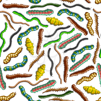 Cartoon seamless colorful worms, caterpillars, lavras and centipedes pattern with green, yellow and brown crawling insects on white background. Use as nature backdrop or scrapbook page design