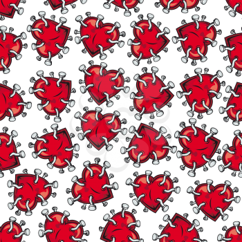 Broken heart and feelings seamless pattern with bright red nailed hearts over white background. May be used as Valentine day card, romantic backdrop and love theme design