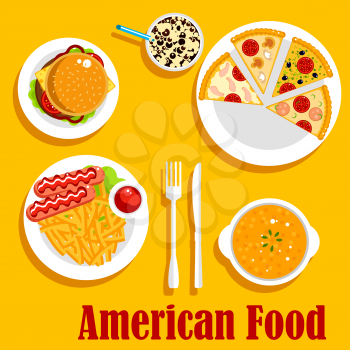 Popular dishes of american cuisine for lunch menu flat icon with cheeseburger, french fries, served with sausages and ketchup, creamy pumpkin soup, pepperoni, seafood and vegetarian pizzas, iced latte