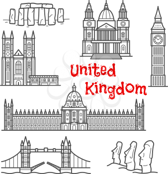British and chilean architecture landmarks and historical attractions isolated sketch icons with Big Ben, Tower Bridge, Stonehenge, moai stone figures, Windsor castle, St. Paul cathedral and Westminst