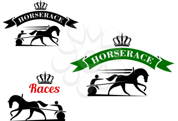 Equestrian sport competition icons for harness racing design template with running horses in horse harness with lightweight two wheeled carts, supplemented crowned ribbon banners above