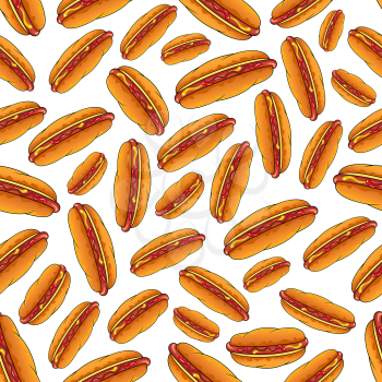 Appetizing hot dog sandwiches seamless pattern on white background with smoked frankfurters seasoned with mustard and ketchup in fresh wheat buns. Use as fast food backdrop, takeaway menu fly leaf des