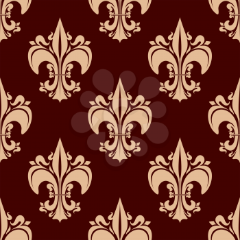 French royal ornamental fleur-de-lis seamless pattern for vintage interior design or historical concept with beige victorian lily flowers on brown background