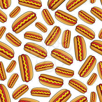 Seamless grilled hot dogs pattern for fast food design usage with cartoon colorful takeaway sandwiches with sausages in sliced buns, garnished with spicy mustard sauce on white background 