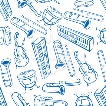 Jazz orchestra musical instruments background with seamless pattern of blue sketchy saxophones, trombones, timpani drums, cellos and synthesizers. May be use as music, arts theme or scrapbook page bac