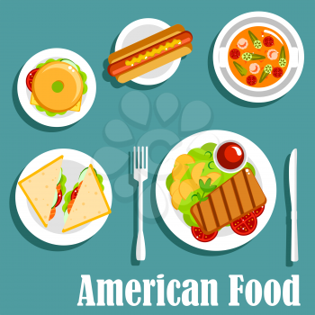 American cuisine dinner icon of homemade dishes with hot dog, bagel cheeseburger, grilled beef steak, served with potatoes and ketchup, salted salmon sandwiches and tomato seafood soup with shrimps an