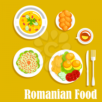 Romanian vegetarian dinner icon with cornmeal mush mamaliga served with fried potatoes and fresh tomatoes and cucumbers on the side, pickled cabbage salad, topped with cranberries fruits, vegetarian b