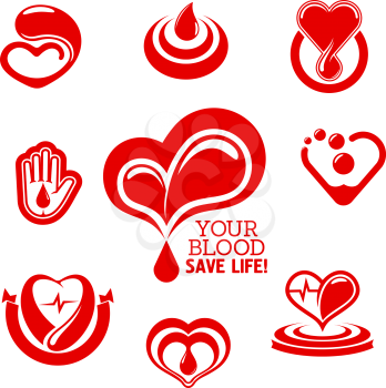 Blood donation conceptual symbols with bright red hearts with pulse, drops of blood and helping hand, supplemented by ribbon banner, concentric circles and caption Your Blood Save Life