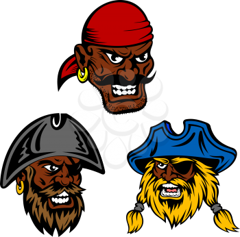Dangerous pirates crew characters. Dark skinned pirate captain and boatswain with shaggy beards wearing vintage hats and eye patches and moustached angry gunner in red bandana