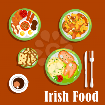 Traditional irish breakfast icon with fried eggs and sausages, baked beans and tomatoes, meat and root vegetables stew, mashed potato topped with boiled pigs feet and cup of coffee with raisin bread b