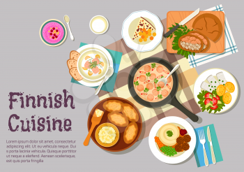Finnish family sunday breakfast icon with flat symbols of creamy sausage sauce, meatballs with mashed potato, pickled herring with boiled potatoes and vegetable salad, karelian rice pies with egg butt
