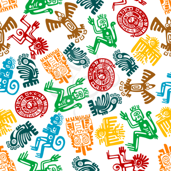 Ancient animal and bird totems of maya or aztec background with colorful seamless pattern of monkeys and snakes, gorillas and eagles, owls and ravens. May be use as antique religion, culture or histor