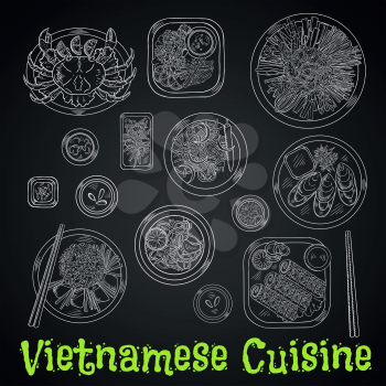 Vietnamese seafood dinner chalk sketch icon with rice and fresh vegetables, grilled crab and mussels, deep fried shrimps and spring rolls in sesame seeds, spicy carrot and prawn salads, rice noodles a