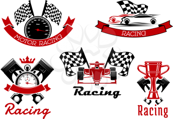 Auto racing sporting icons of sports cars and open wheel race car, trophy cup, speedometer and stopwatch, pistons and racing flags with red ribbon banners and crown