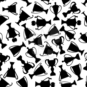 Victory celebration and award ceremony black and white seamless pattern with decorative silhouettes of winner bowls and trophy cups. Use as sporting competition or career challenge design
