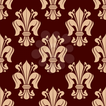 Medieval heraldic floral pattern of seamless beige fleur-de-lis ornament over maroon background for history and monarchy themes or fabric design with victorian leaf scrolls and flower buds